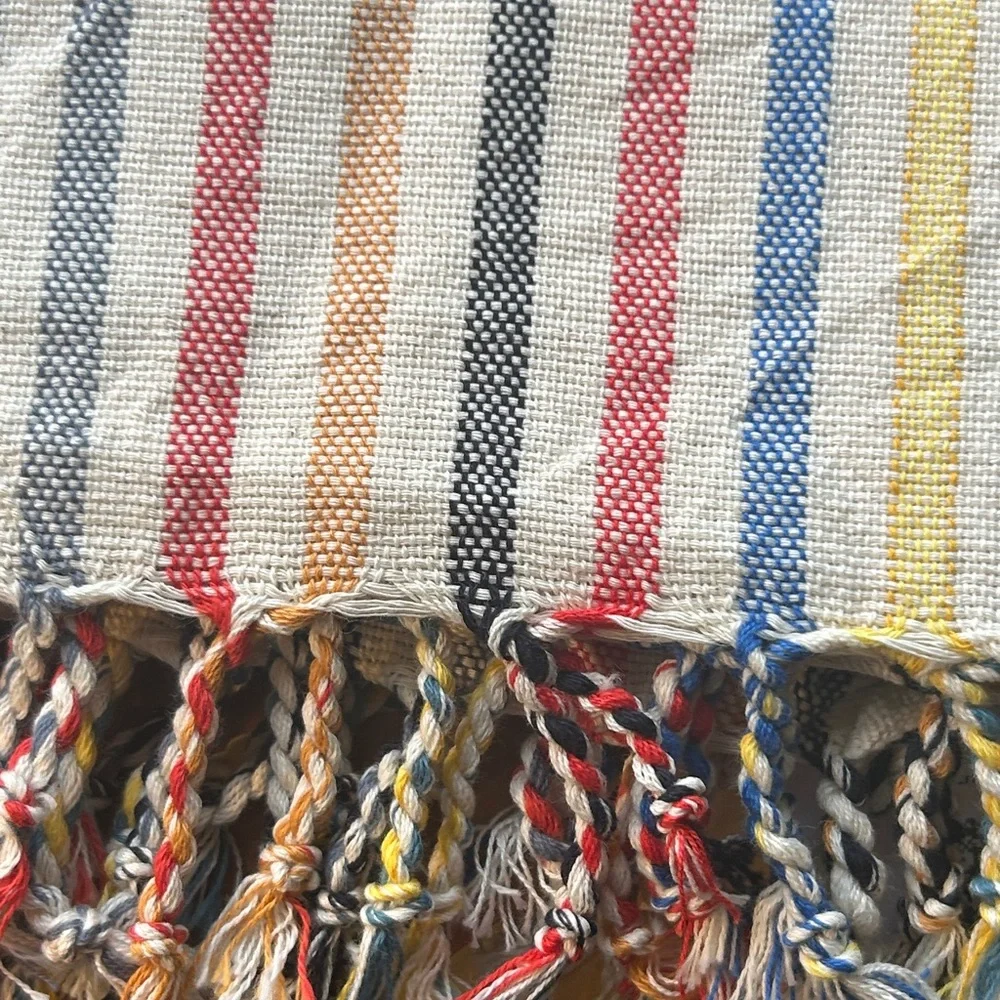 Striped Multicolor Tablecloth Hand Tied Tassels Hand Loom Weave Linen NEW